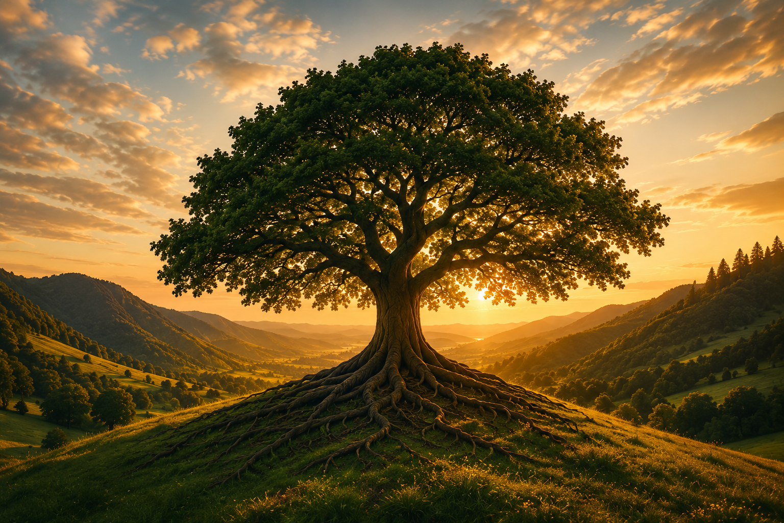 A single tree at golden hour on a hillside